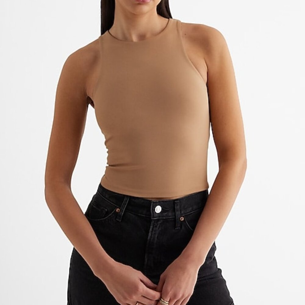 NWT EXPRESS Body Contour High Compression High Neck Cropped Tank- Pecan MEDIUM